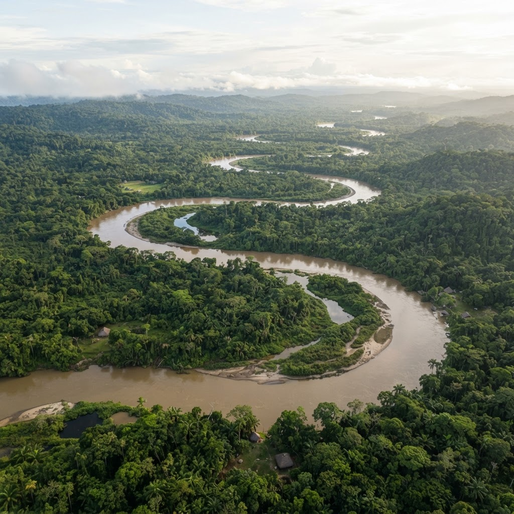 Aerial view of the Napo River winding through the Amazon rainforest