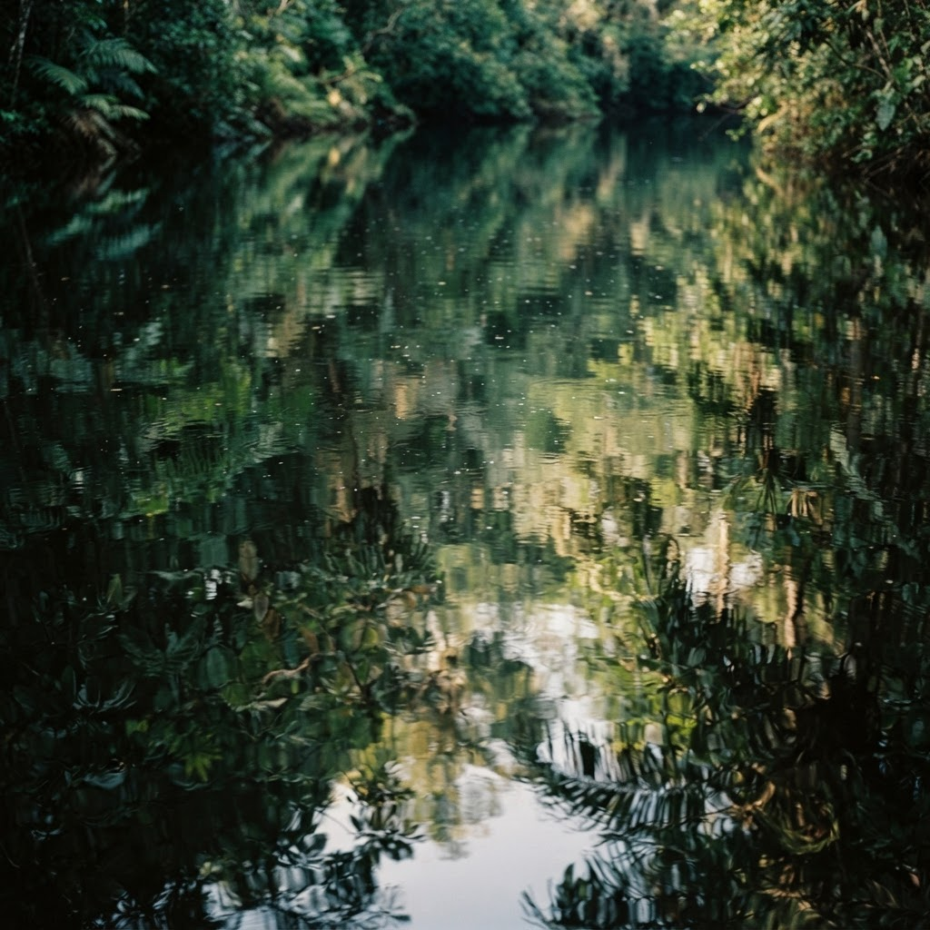 Still river water reflecting the rainforest canopy